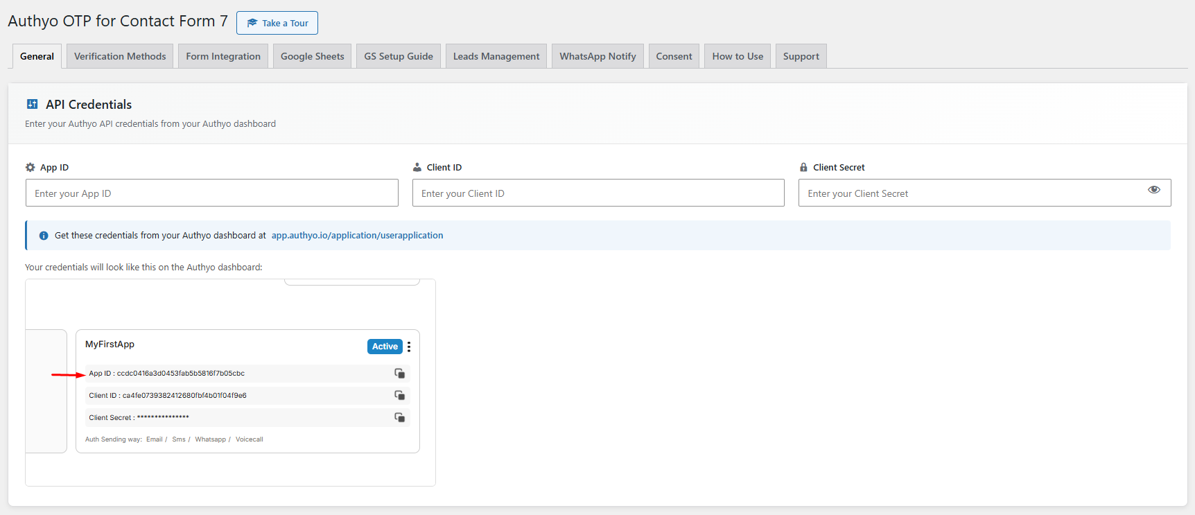 Authyo OTP for Contact Form 7 - Admin Settings Panel showing API credentials, OTP channel configuration, and country restrictions