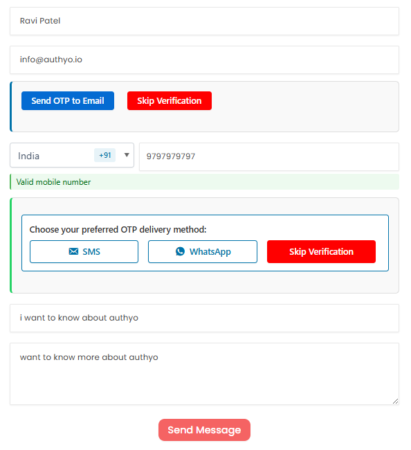 Authyo OTP for Contact Form 7 - Frontend OTP verification experience showing clean OTP input integrated into a Contact Form 7 form