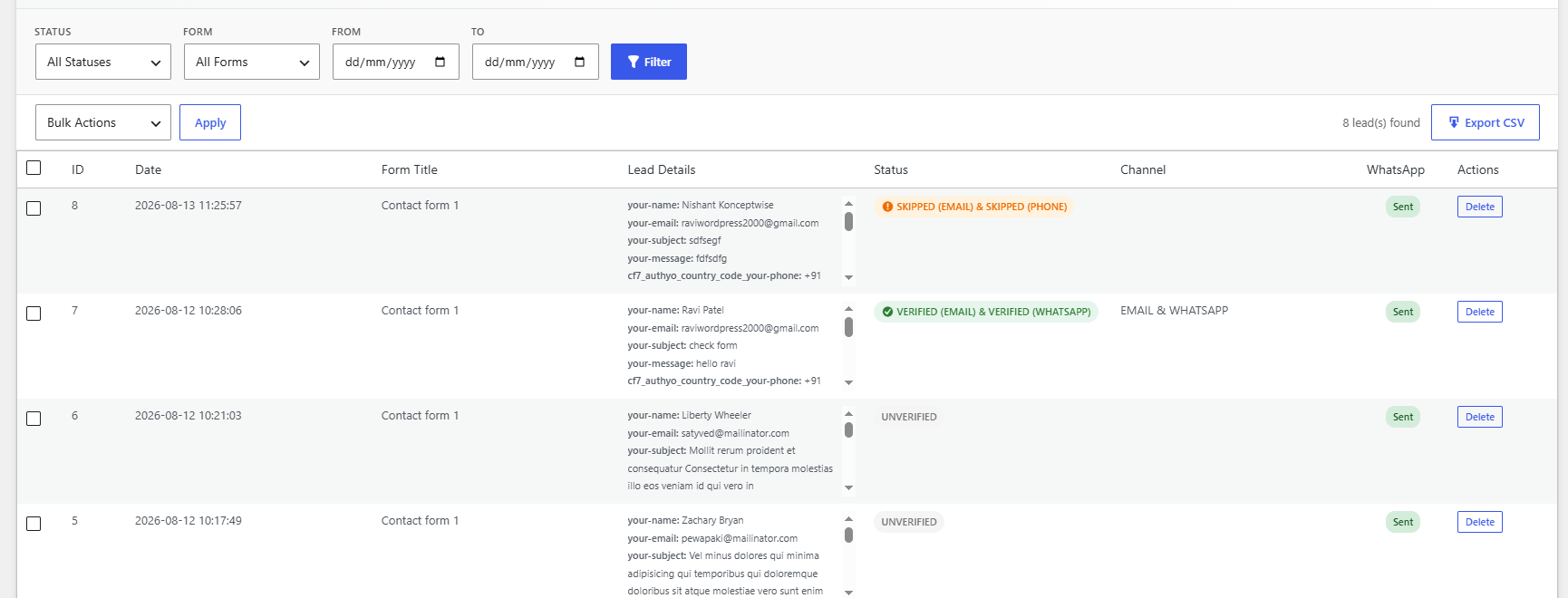 Authyo OTP for Contact Form 7 - Leads Dashboard showing verified submissions with filters, status, timestamps, and CSV export