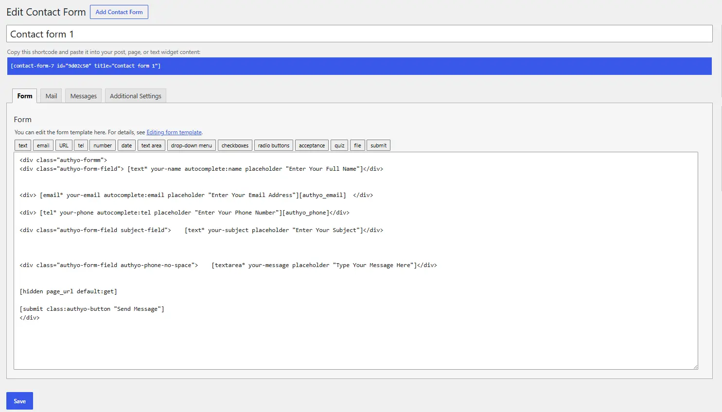 CF7 form editor with Authyo OTP shortcode added between form fields