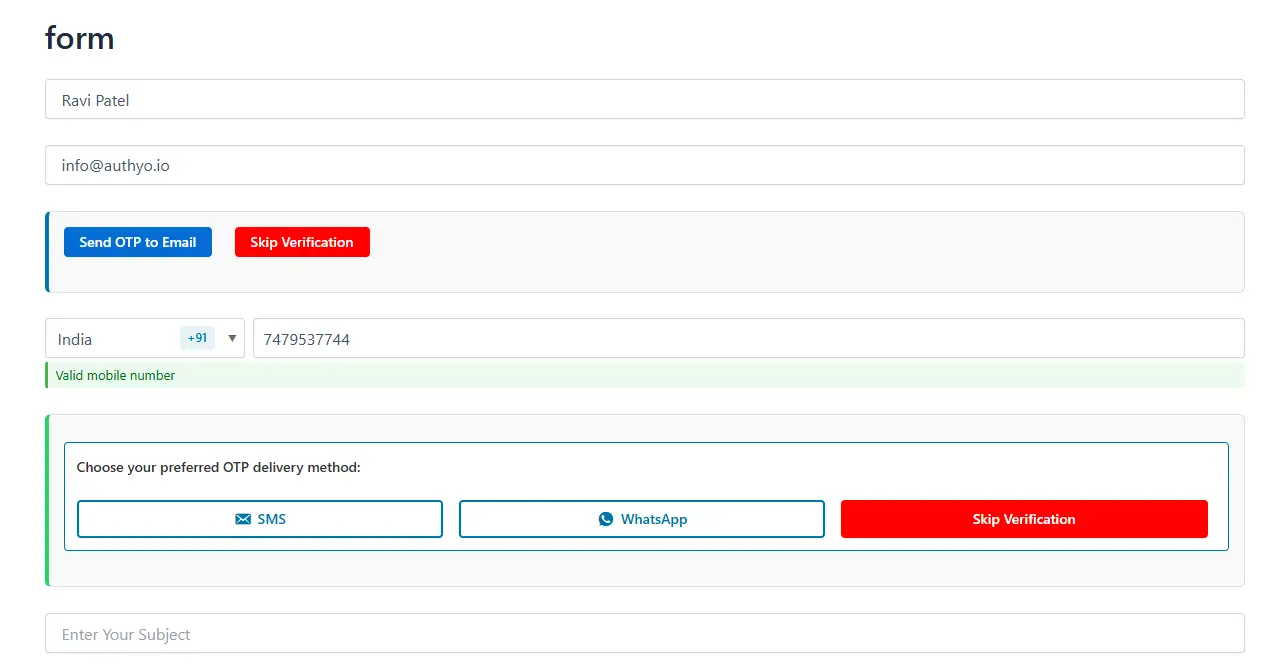 Authyo OTP verification widget displayed on a live CF7 form