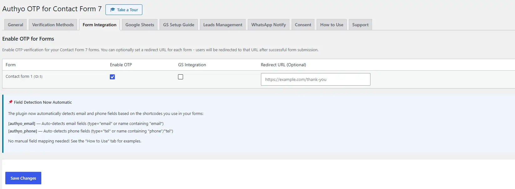 Authyo Form Integration tab showing CF7 forms with OTP enable toggles