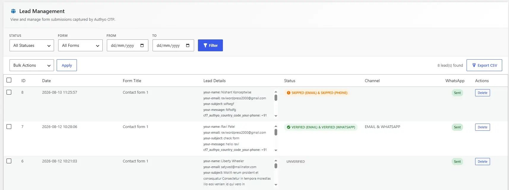 Authyo OTP Leads Manager showing verified form submissions