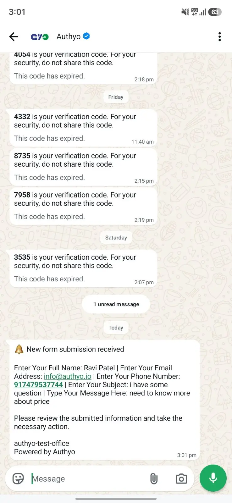 WhatsApp notification received on phone showing form submission details